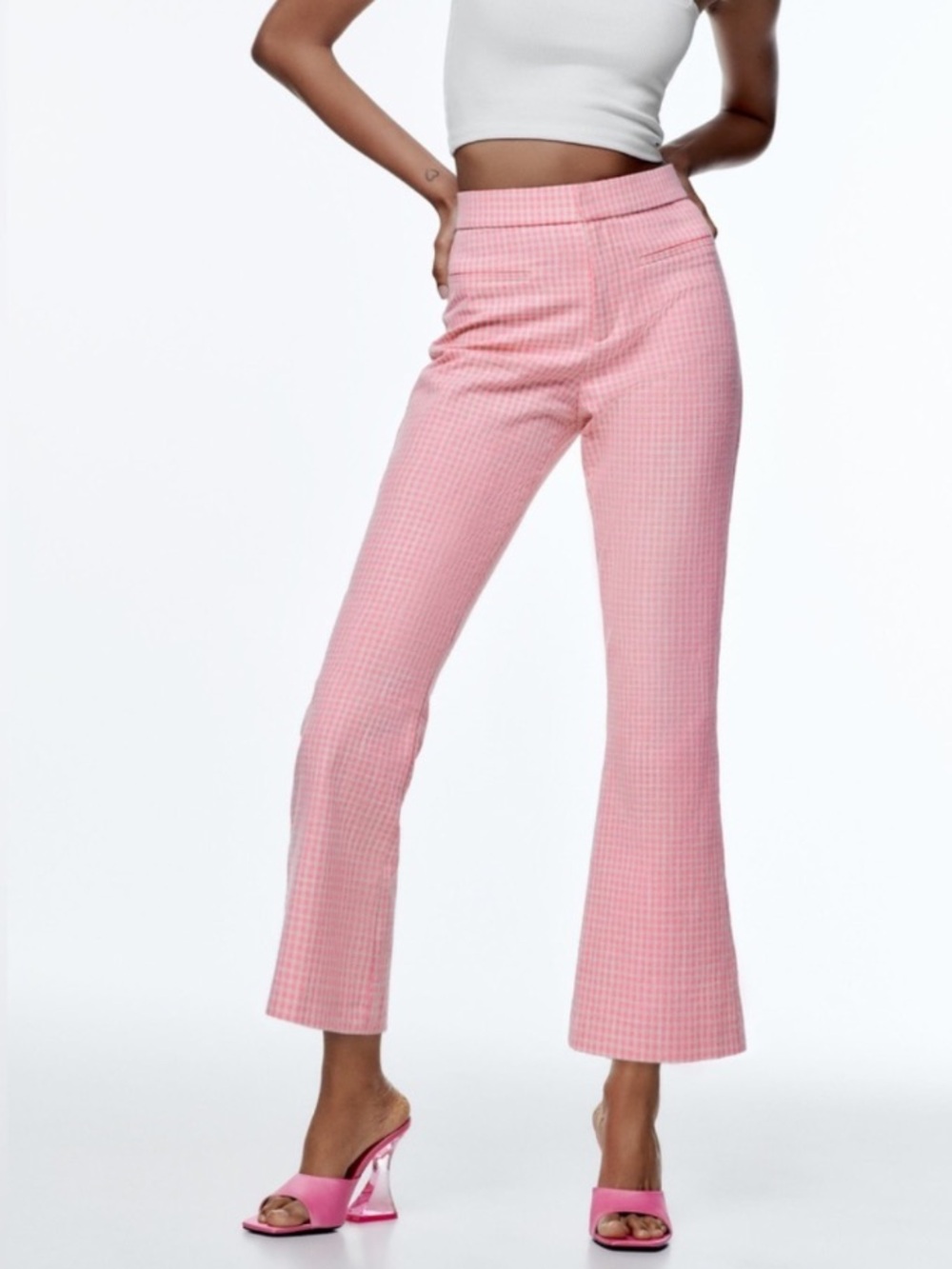 Zara Pink Gingham Mini Flare Pants